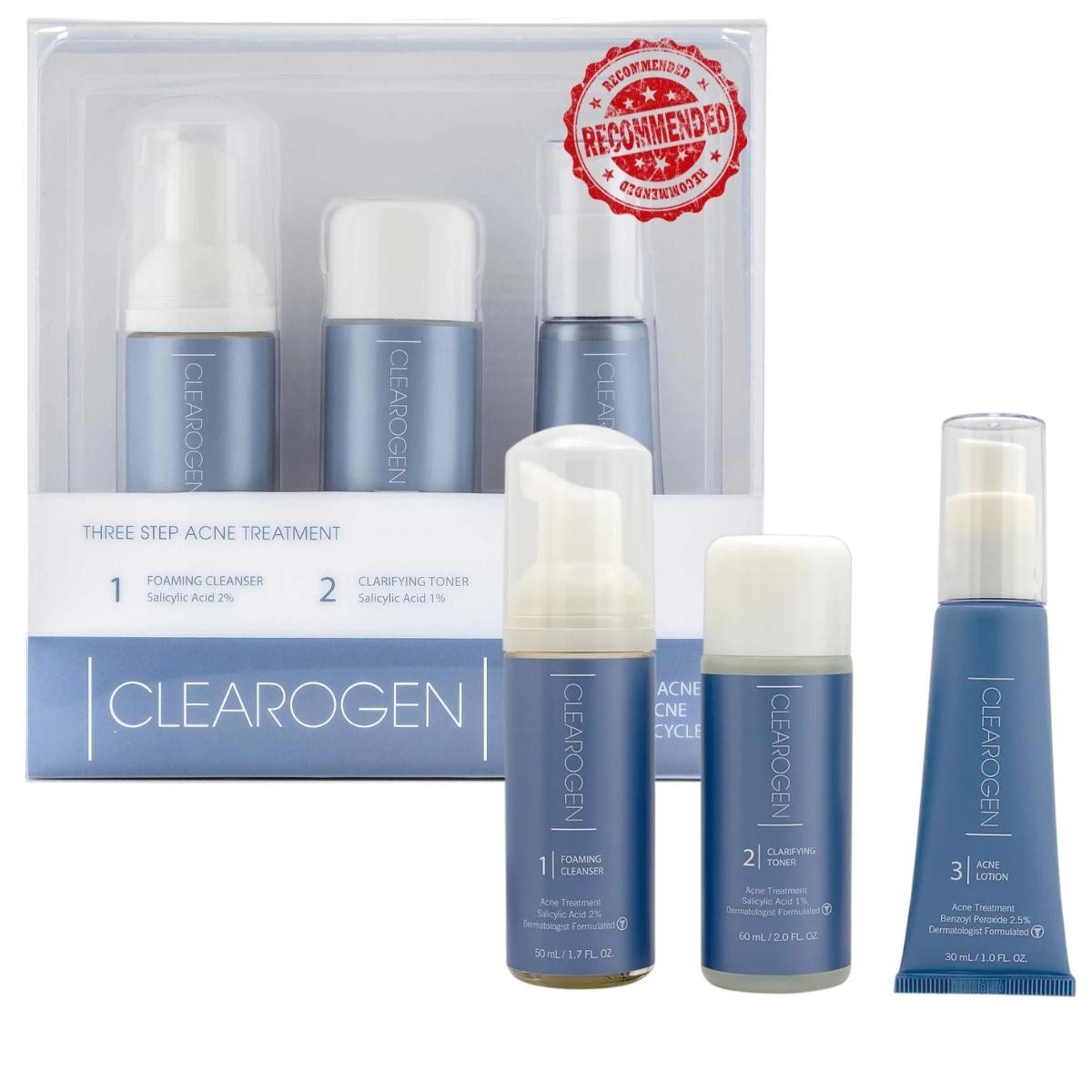 CLEAROGEN 3 STEP ACNE TREATMENT BENZOYL PEROXIDE ONE MONTH SET 3'S