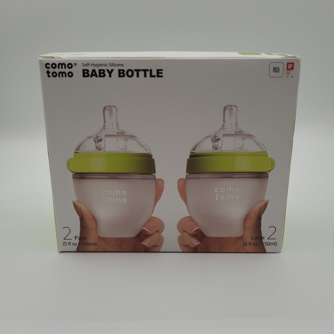 Como Tomo Soft Hygienic Silicone Baby Bottle(Double Pack)-Green&White-150Ml