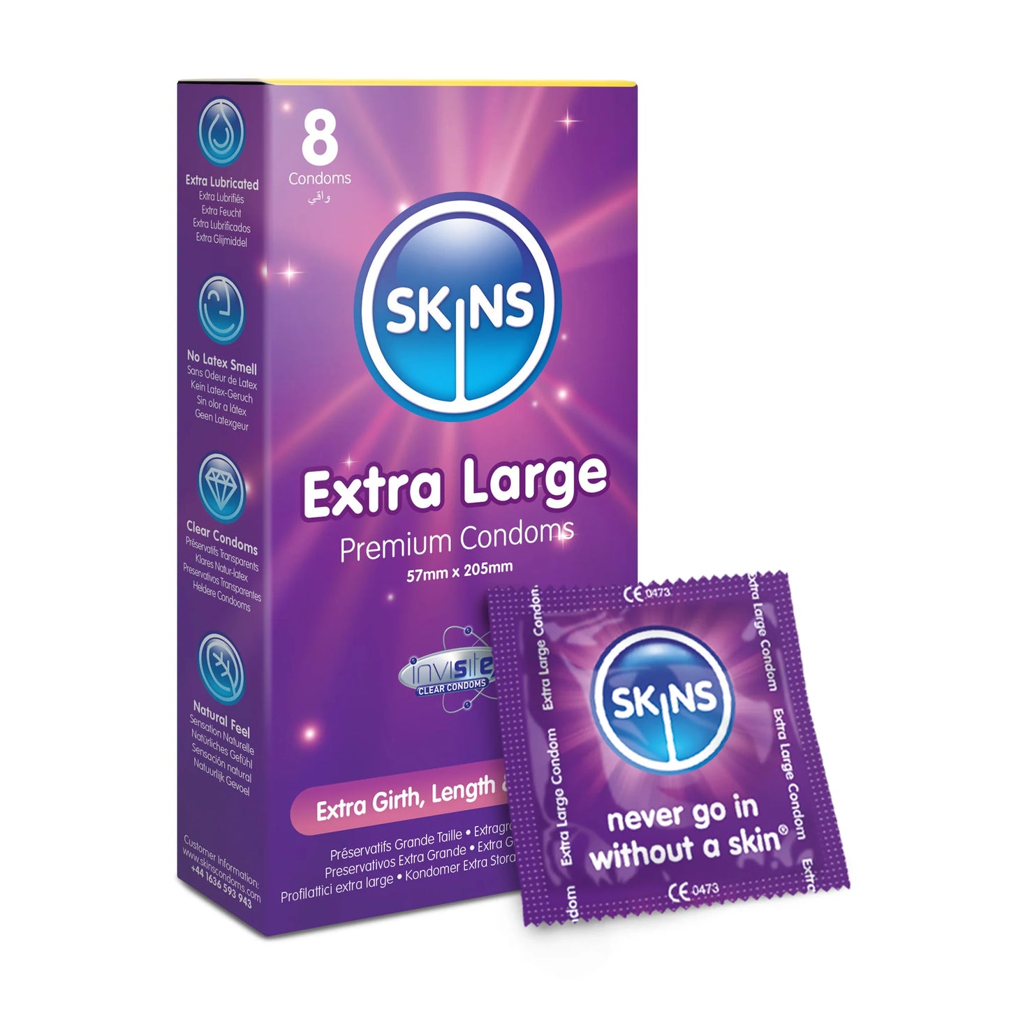 SKINS EXTRA LARGE LUBRICATED CONDOMS 8'S