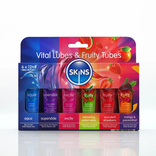 Skins Vital & Fruity Lubricants (Aqua, Superslide, Excite, Refreshing Watermelon, Succulent Strawberry, Mango & Passionfruit) 6X2 Ml